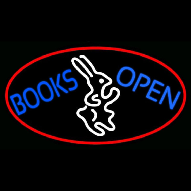 Custom Blue Books With Rabbit Logo Open With Red Oval Neon Sign USA