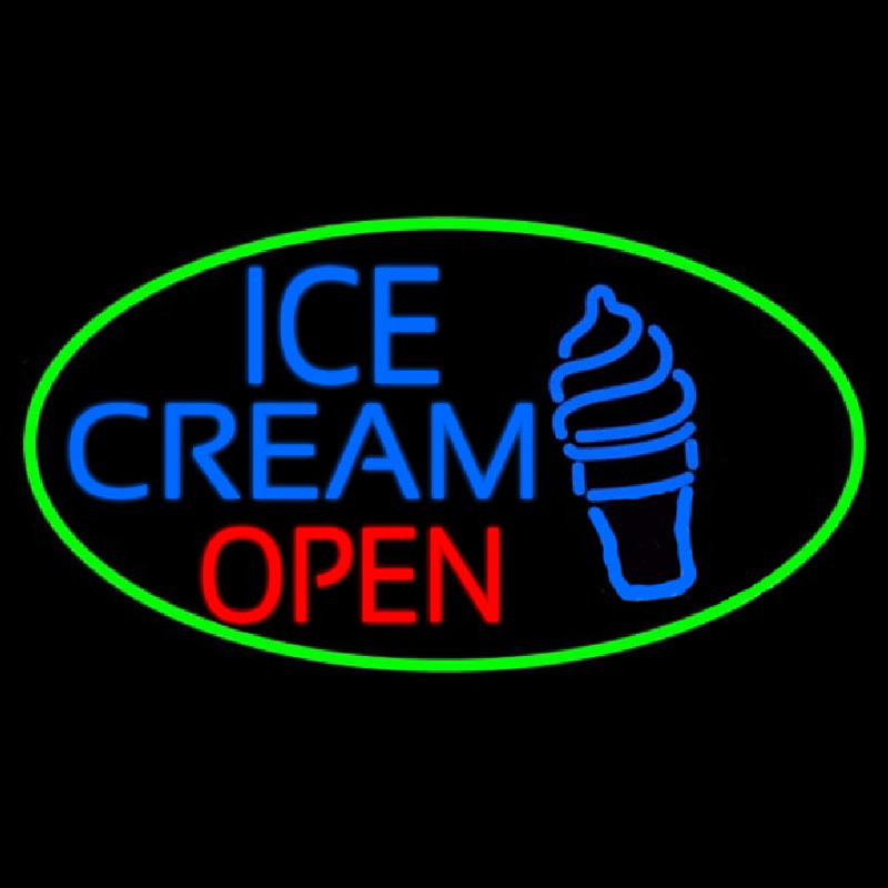 Custom Blue Ice Cream Open With Green Oval Neon Sign USA