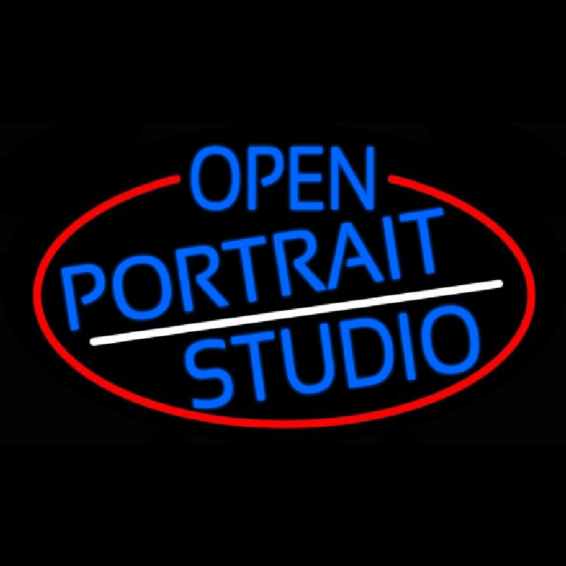 Custom Blue Open Portrait Studio Oval With Red Border Neon Sign USA