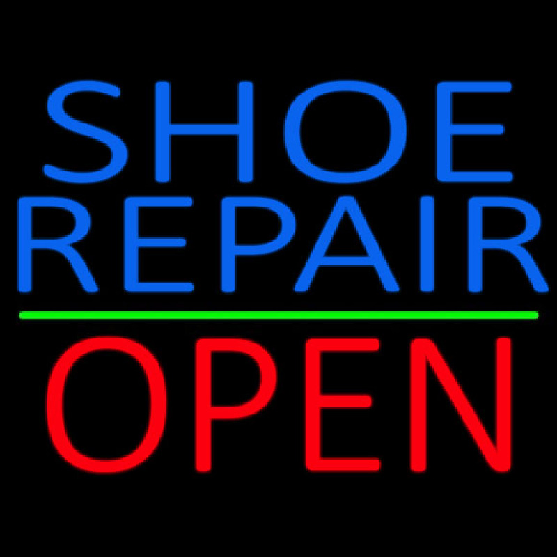 Custom Blue Shoe Repair Open With Green Line Neon Sign USA
