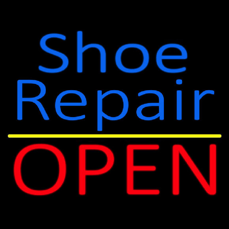 Custom Blue Shoe Repair Open With Yellow Line Neon Sign