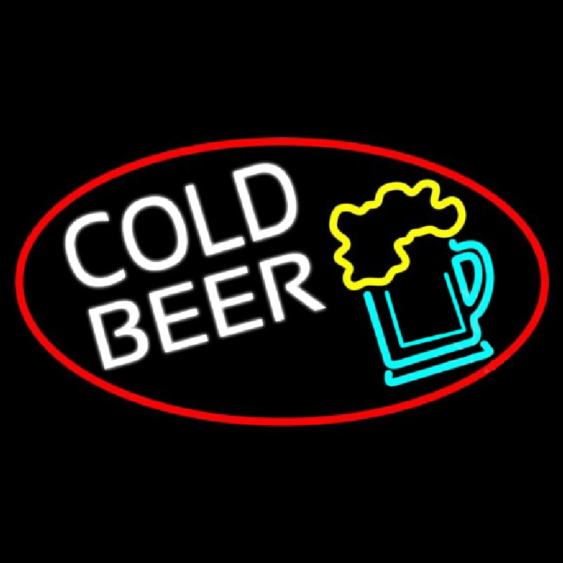 Custom Cold Beer And Beer Mug Oval With Red Border Neon Sign USA