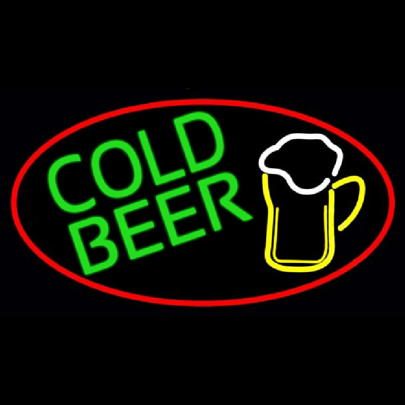Custom Cold Beer And Mug Oval With Red Border Neon Sign USA