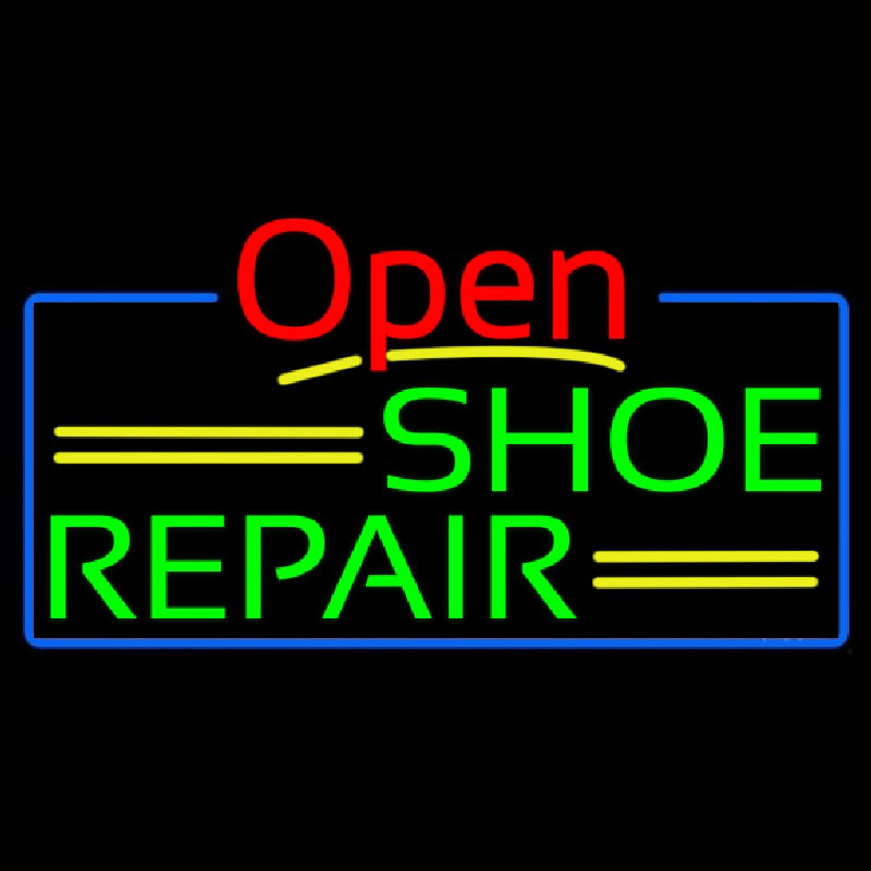 Custom Green Shoe Repair Open With Blue Border Neon Sign USA