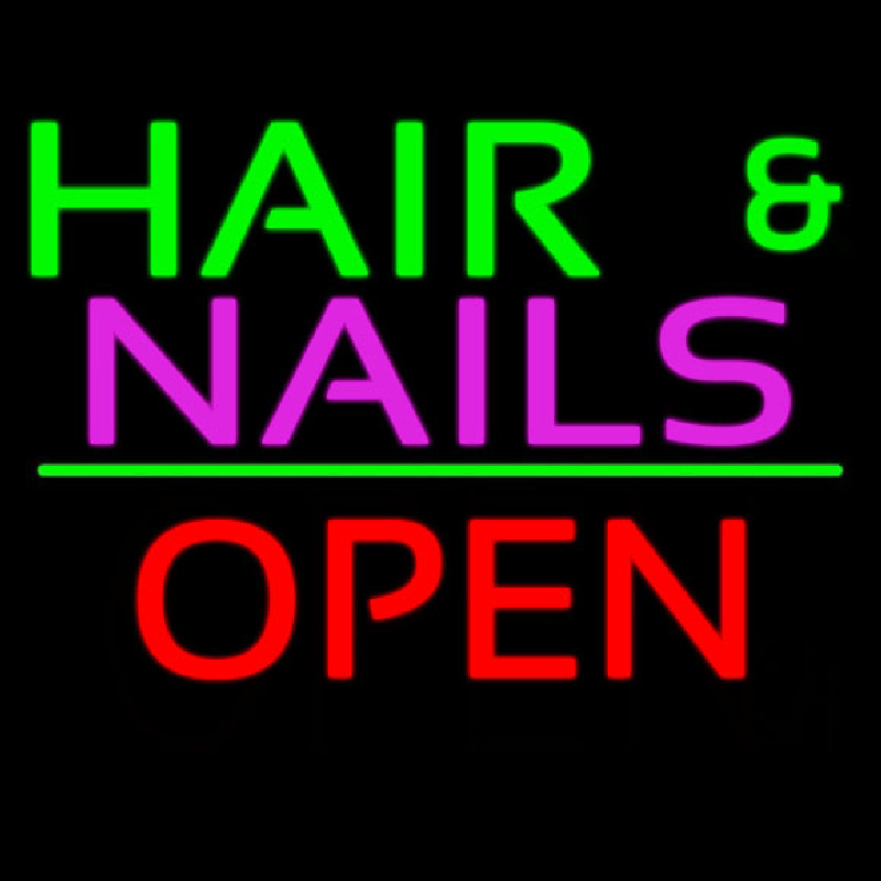 Custom Hair And Nails Block Open Green Line Neon Sign USA