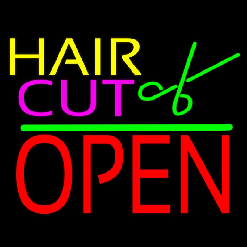 Custom Hair Cut Logo Block Open Green Line Neon Sign USA