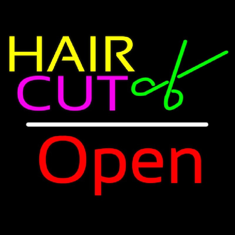 Custom Hair Cut Logo Open White Line Neon Sign USA