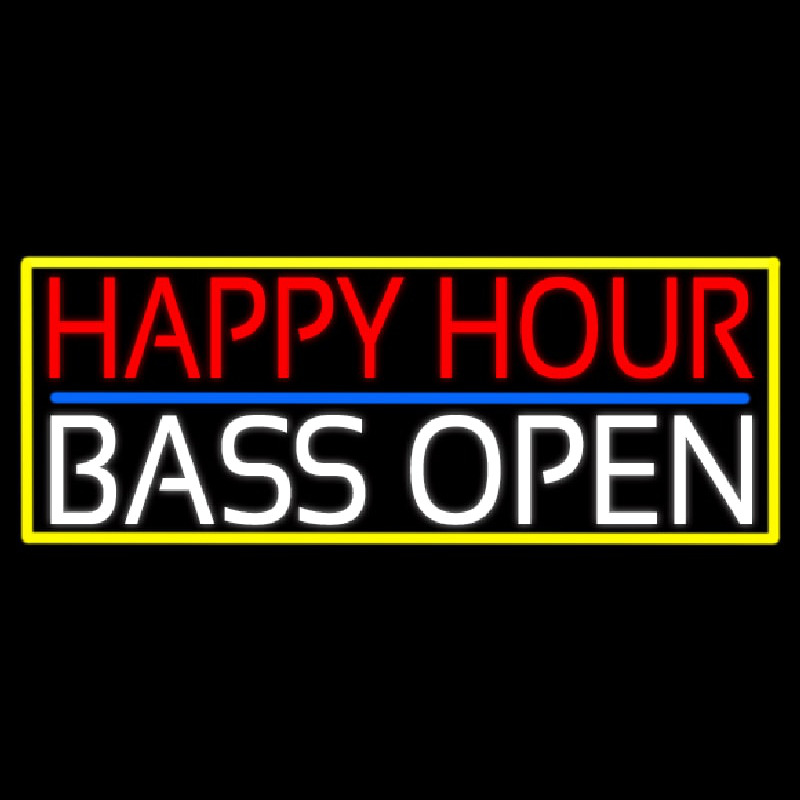 Custom Happy Hour Bass Open With Yellow Border Neon Sign USA