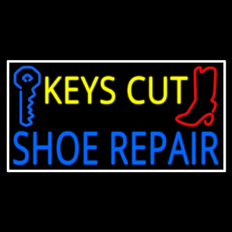 Custom Keys Cut Shoe Repair With White Border Neon Sign