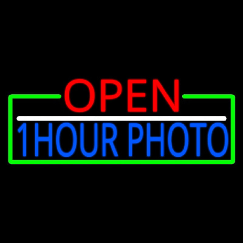 Custom Open 1 Hour Photo With Green Border Neon Sign USA