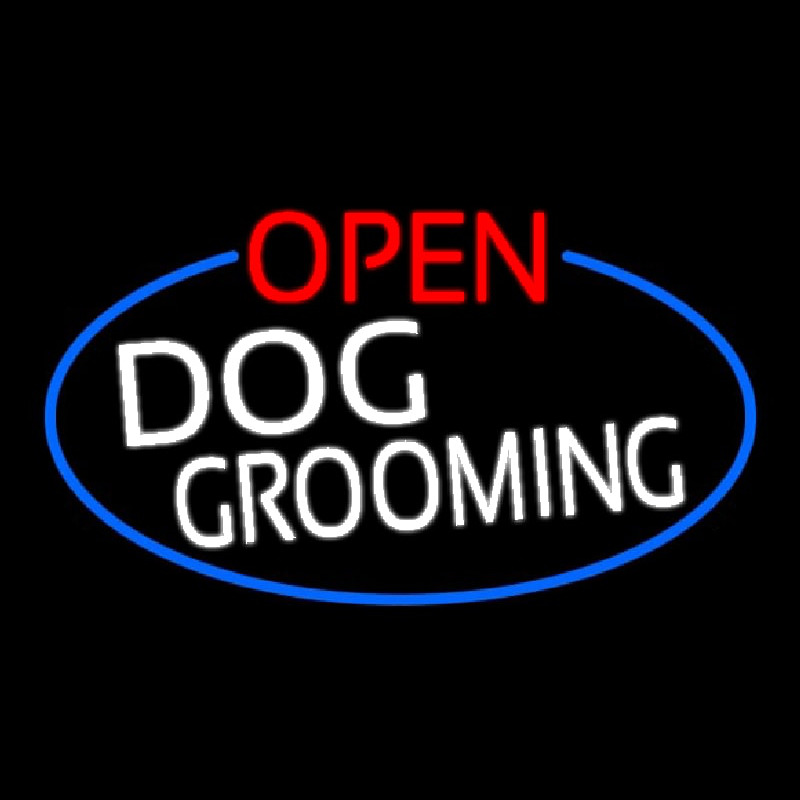 Custom Open Dog Grooming Oval With Blue Border Neon Sign USA
