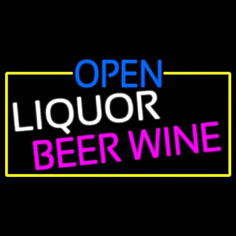 Custom Open Liquor Beer Wine With Yellow Border Neon Sign USA