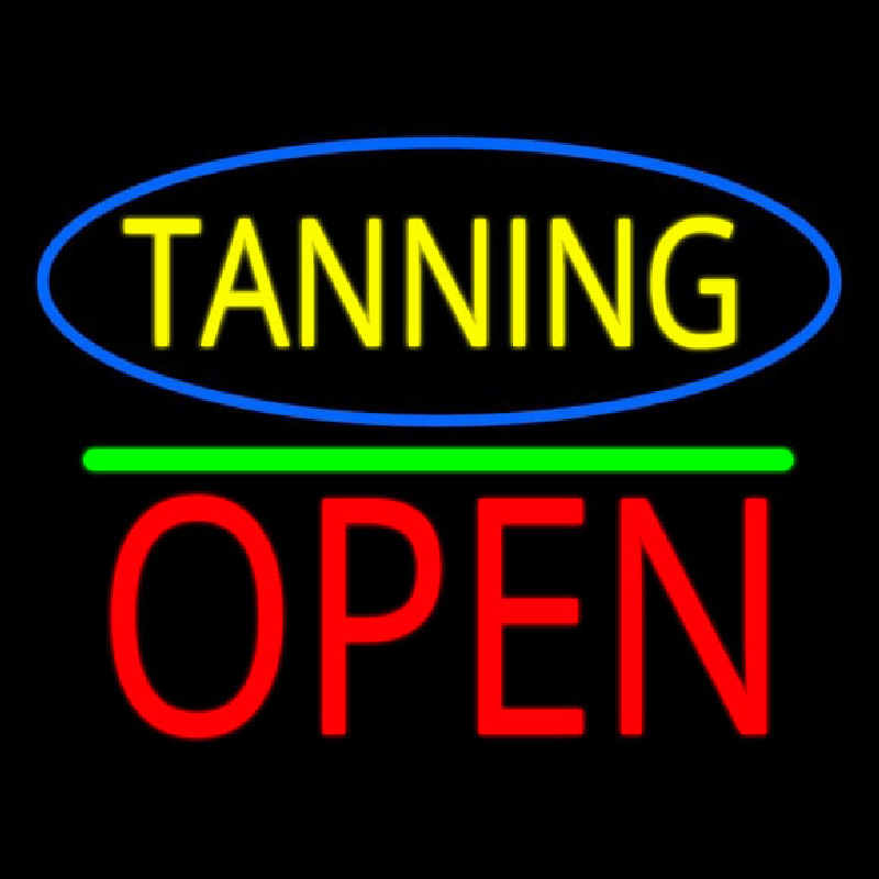 Custom Oval Blue Border Tanning Block Open Green Line Neon Sign USA
