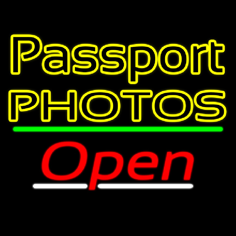 Custom Passport Photos Block With Open 3 Neon Sign USA