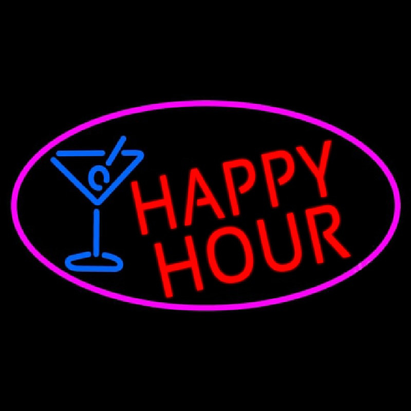 Custom Red Happy Hour And Wine Oval With Pink Border Neon Sign USA