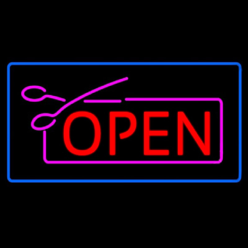 Custom Red Pink Open With Scissors Blue Border Neon Sign USA