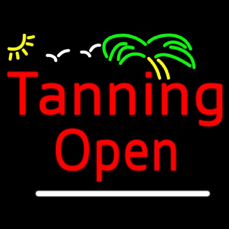 Custom Red Tanning Open White Line With Palm Tree Neon Sign USA