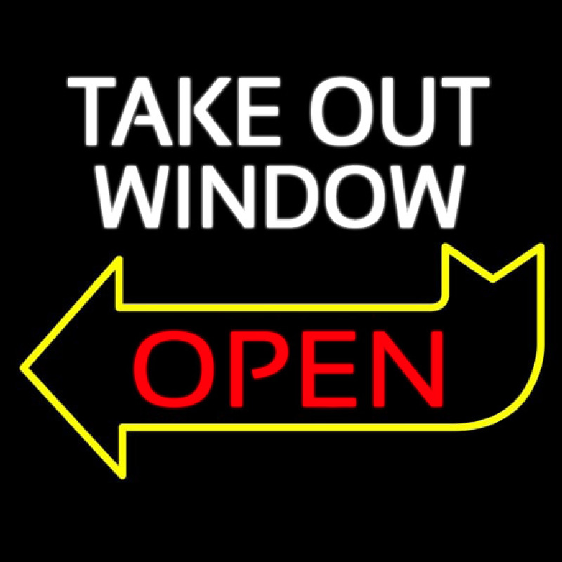 Custom Take Out Window Left Yellow Open Arrow Neon Sign USA