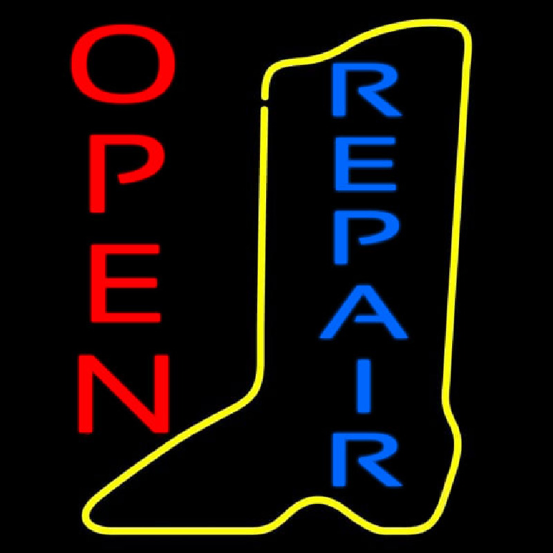 Custom Vertical Yellow Shoe Blue Repair Open Neon Sign USA
