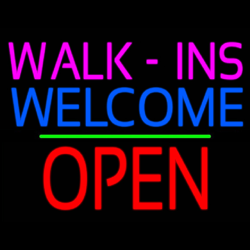 Custom Walk Ins Welcome Block Open Green Line Neon Sign USA