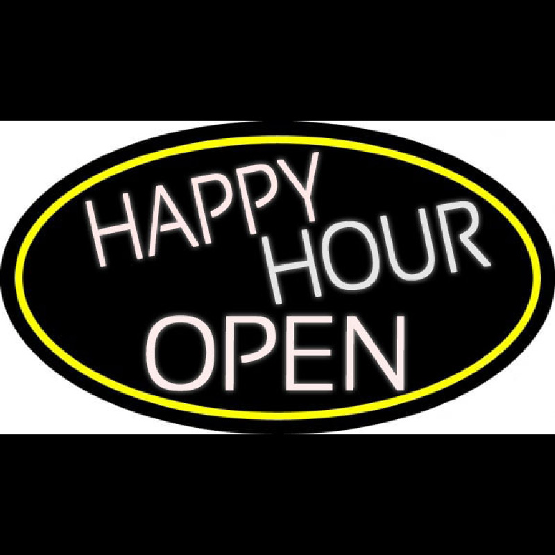 Custom White Happy Hour Open Oval With Yellow Border Neon Sign USA