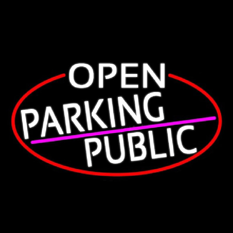 Custom White Open Parking Public Oval With Red Border Neon Sign USA