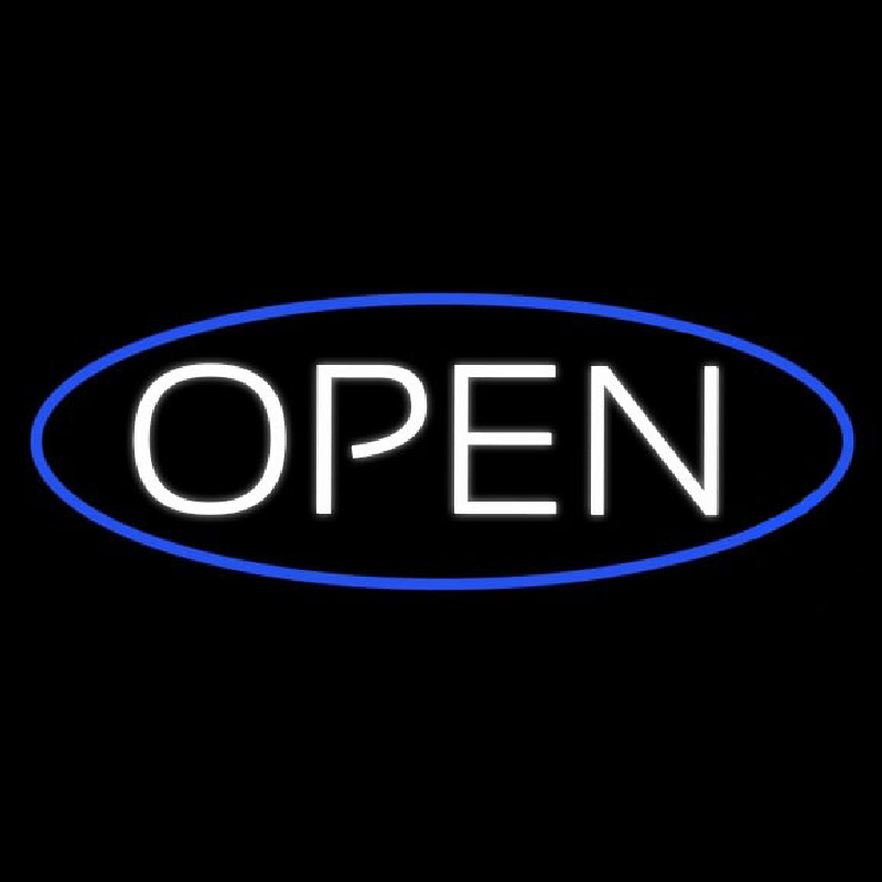 Custom White Open With Blue Oval Border Neon Sign USA