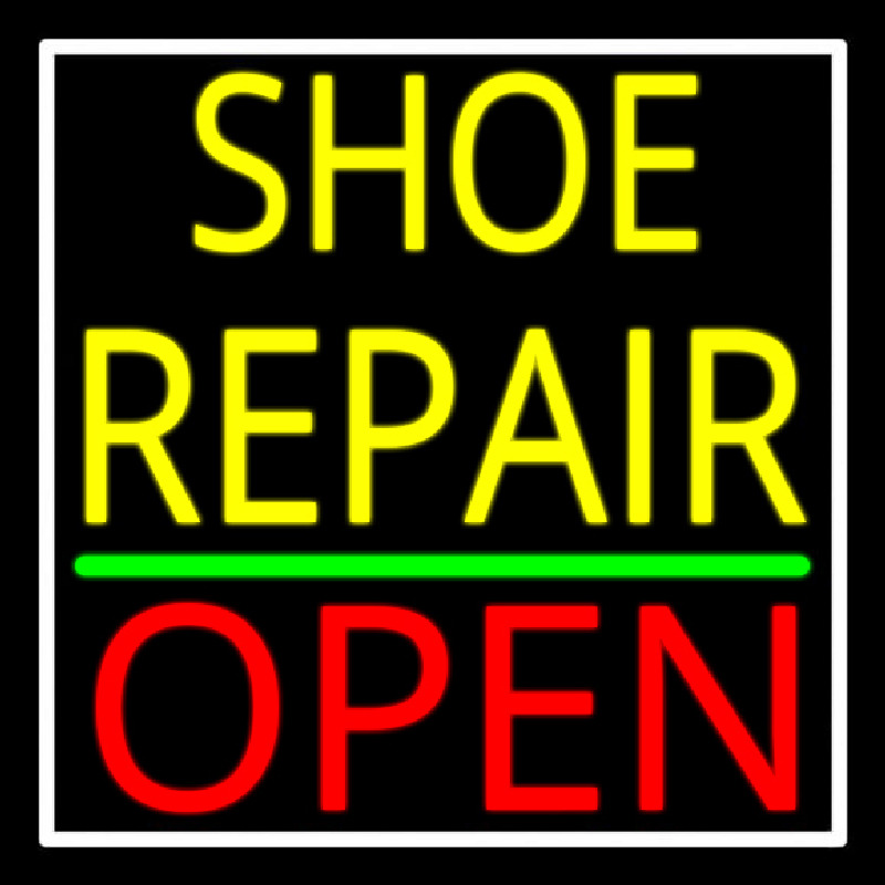 Custom Yellow Shoe Repair Open With Border Neon Sign USA