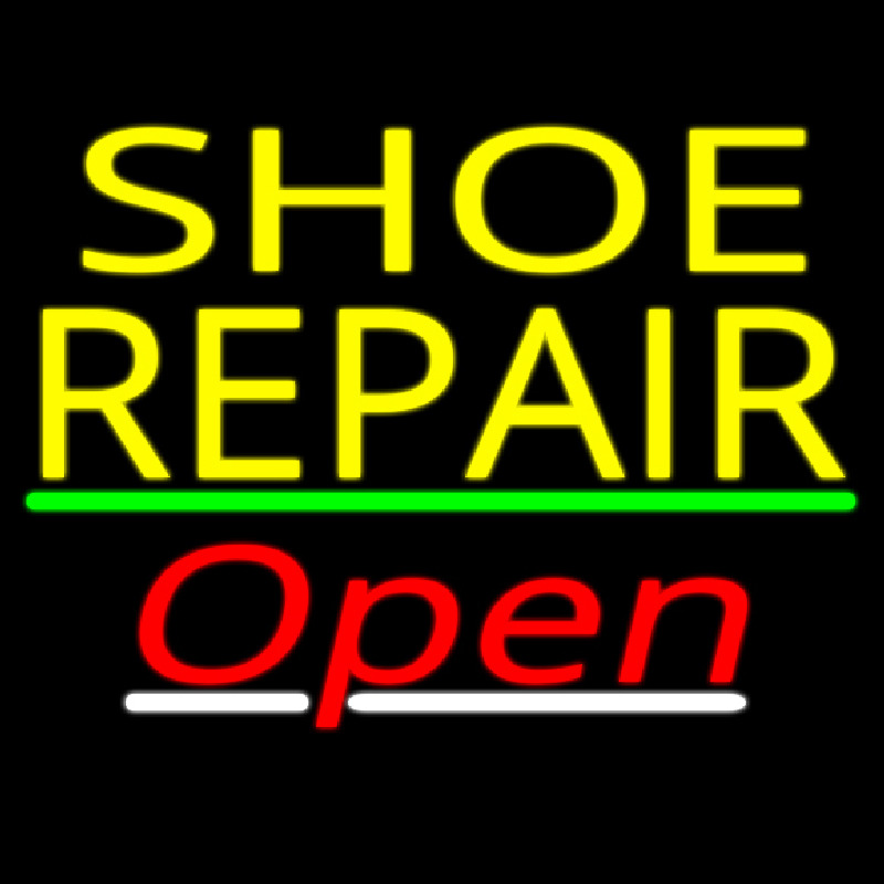 Custom Yellow Shoe Repair Open With Green Line Neon Sign USA